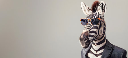 Stylish Zebra in Sunglasses and Suit   Corporate Animal Portrait with Copy Text Space  Unique and Creative Conceptual or Photo Idea for Business Fashion and Advertising Themesの素材