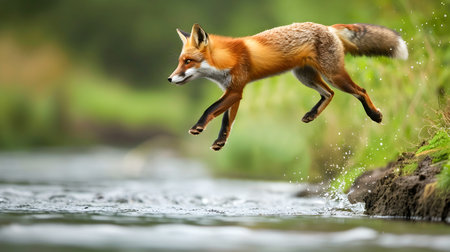 Majestic Red Fox Vulpes vulpes Leaping Gracefully Above the Rushing Waters of a River Nestled in a Lush Green Forest Landscape  Dynamic Action Scene of Wildlife in Natural Habitatの素材