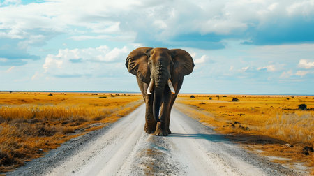 Lone elephant majestically walking on a paved road through the vast tranquil African savanna landscape  The powerful pachyderm strides forward surrounded by the expansive horizon cloudy skyの素材
