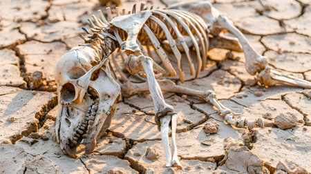 The skeletal remains of an animal lie scattered on the cracked parched earth a tragic victim of the prolonged drought and devastating climate crisisの素材