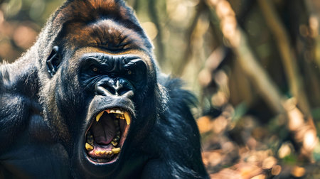 Powerful and Aggressive Primate Likely a Gorilla Roaring Loudly with Teeth Bared in Natural Jungle Environmentの素材