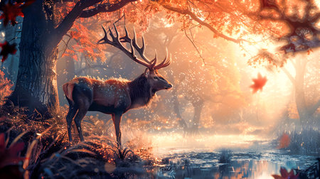 Majestic deer standing in a dramatic autumn forest landscape with glowing sunset lighting its antlers silhouetted against the misty ethereal background  This epicの素材