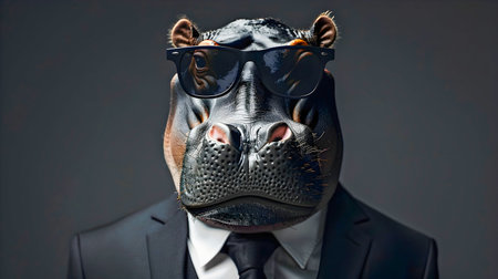 Powerful Business Hippo Portrait Wearing Formal Suit and Sunglasses Against a Dark Minimalist Background with Copy Spaceの素材