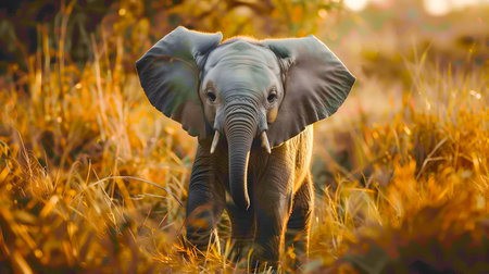 A serene and tranquil image of a young elephant calmly wandering through a vibrant sun dappled savanna landscapeの素材