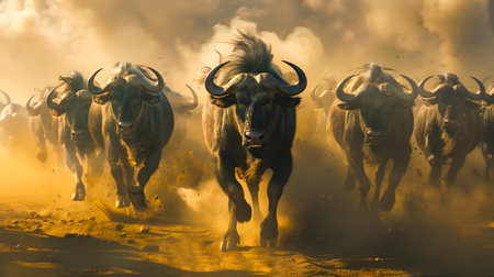 Herd of wildebeest or GNU racing across a dusty dirt road in an arid African savanna landscape  The wildebeest are kicking up a cloud of dust as they stampede across the dry golden grasslandの素材