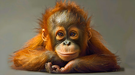 Curious Juvenile Orangutan Gazing Intently from the Lush Indonesian Rainforest   A Close up Portrait of a Young Ape in its Natural Habitatの素材