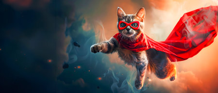 Heroic Feline Soaring on Dynamic Fiery Backdrop   Powerful cat superhero in red cloak and mask flying through the air with smoke and flames surrounding itの素材