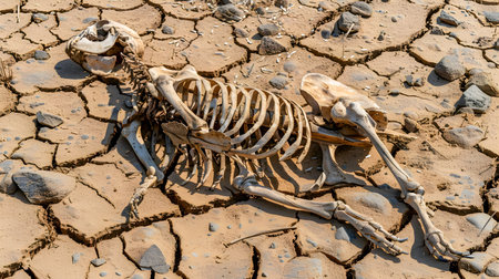 The skeletal remains of an animal lie on the cracked dried earth of a desolate drought affected landscapeの素材