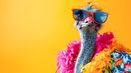 Eclectic Emu Bird Wearing Vibrant Bright Fashionable Outfits Isolated on Solid Background with Copy Space for Creative Concept or Advertisementの素材