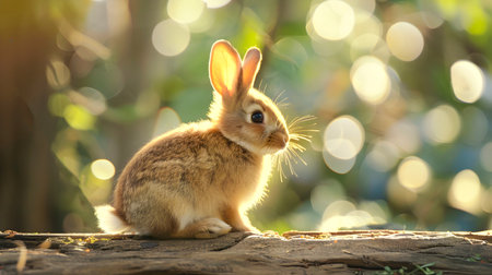 Closeup of a cute and fluffy brown rabbit sitting peacefully on a wooden surface with a blurred natural background featuring soft golden bokeh lightsの素材