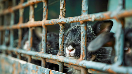 Caged wild animal or pet trapped behind metal wire fence or bars representing the concept of animal rights activism conservation and the fight for freedom and release from captivityの素材