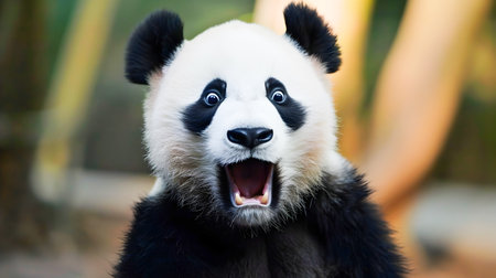 Closeup portrait of a panda bear with a surprised amazed expression on its face against a natural forest background with green trees and plantsの素材