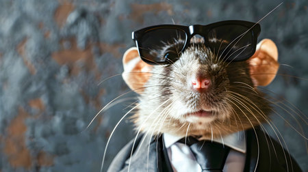 Stylish Rat Businessman Wearing Suit Tie and Sunglasses Posing in Studio With Blank Copy Space  Conceptual Portrait of a Corporate Professional Animal Characterの素材