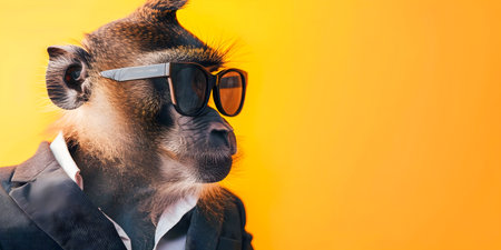 Stylish Baboon Business Executive in Sunglasses and Suit Against Vibrant Background  Funny and Intelligent Primate Dressed in Formal Attire Portraying a Confident and Professional Characterの素材