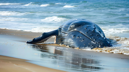 Stranded Whale Struggling on Coastal Beach as Powerful Ocean Waves Crash Around Highlighting the Delicate Balance and Vulnerability of Marine Ecosystemsの素材