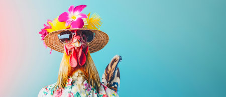 Fashionable portrait of an anthropomorphic chicken wearing a colorful tropical summer outfit including a straw hat with flowers sunglasses and other bright pastel accessoriesの素材