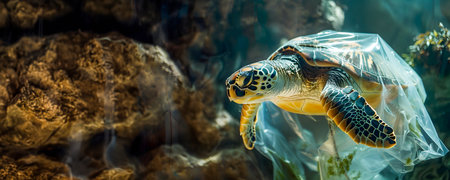 Closeup of a sea turtle caught in a plastic bag underwater highlighting the global issue of plastic pollution and the need for environmental conservation efforts to protect marine life and ecosystemsの素材