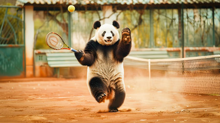 Adorable Panda Bear Enthusiastically Playing Tennis on a Clay Court Displaying Impressive Athletic Skills and Playful Personalityの素材