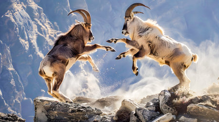 Two male markhors a wild goat species native to the mountain ranges of Central Asia engaged in a fierce fight on the snowy rocky terrain of a rugged alpine landscapeの素材