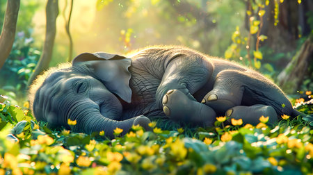 A baby African elephant peacefully sleeping and cuddling amidst the lush green foliage and plants in a serene forest environment  The young elephant looks calm contentの素材