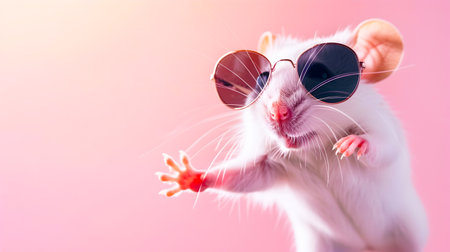 Playful and Mischievous Mouse Portrait Wearing Sunglasses Jumping Against a Bright and Light Background Perfect for Promotional Banners Advertisements and Marketing Campaignsの素材
