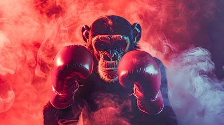 Powerful Monkey Boxer in Dramatic Smoke Filled Background with Copy Space for Greatest Boxer Conceptual Theme  Martial Arts and Sports Concept with Aggressive and Intense Animal Athleteの素材