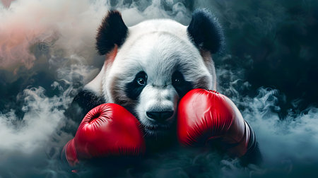 Powerful Panda Boxer Lands Decisive Blow in Dramatic Smoke Filled Background with Copy Space  Conceptual of the Greatest Boxer Themeの素材