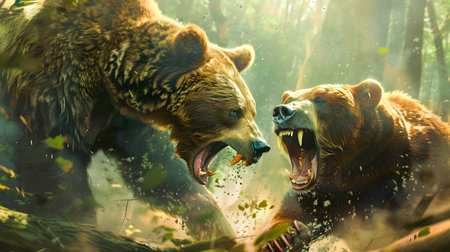 Two powerful grizzly bears engaged in a fierce and vicious attack in the midst of a lush overgrown forest  The bears  powerful jaws sharp clawsの素材