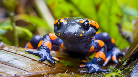 Vibrant Spotted Salamander Resting on Leaf in Lush Tropical Rainforest Environment  Closeup Detail of Beautiful Amphibian Creature in its Natural Habitatの素材