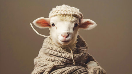 Adorable baby lamb dressed in cozy winter scarf and hat posing for a closeup portrait with a happy smiling expression against a neutral studio backdropの素材