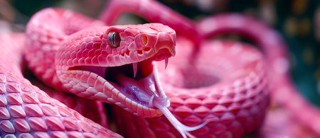 Closeup of Threatening Pink Viper Snake Viciously Attacking with Bifurcated Tongue Showing Its Dangerous Predatory Nature in the Wildの素材