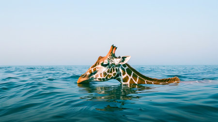 A captivating and surreal scene of a giraffe swimming effortlessly in the calm blue waters of the open ocean surrounded by a serene and expansive horizonの素材