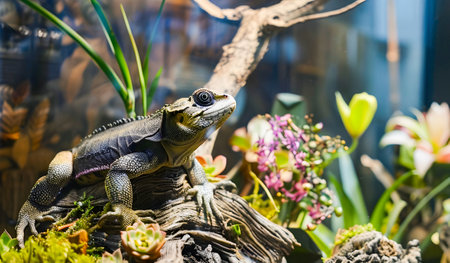 Mesmerizing display of a terrarium exhibit showcasing a variety of reptiles and amphibians thriving in a lush vibrant and intricate jungle like environmentの素材