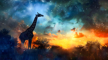 Solitary giraffe silhouette standing tall against a dramatic ethereal sky landscape featuring a vibrant sunset or sunrise  The towering animal is set against a backdrop of swirling clouds starsの素材