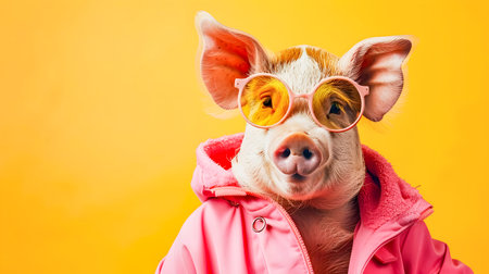Vibrant Bright and Fashionable Pig Wearing Colorful Outfit and Accessories Isolated on Solid Orange Background with Copy Space for Advertisement or Creative Conceptの素材