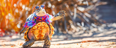 Whimsical of a Cheerful Turtle Wearing Fashionable Sunglasses and Vibrant Clothing Dancing Playfully Against a Nature Inspired Backgroundの素材