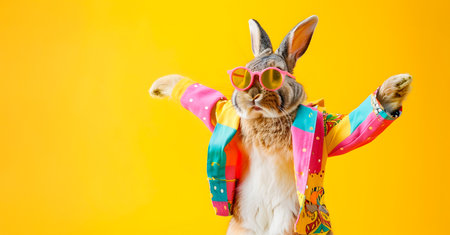 Vibrant and Playful Rabbit Wearing Colorful Fashion Outfit and Sunglasses Dancing Joyfully on Background  Quirky and Captivating Digital or Imageの素材