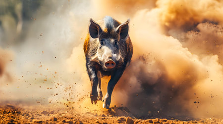 Powerful boar charging down a dirt road kicking up clouds of dust and smoke in its wake as it races through the natural landscape  The image captures the animal s raw energy and speed in a dynamicの素材