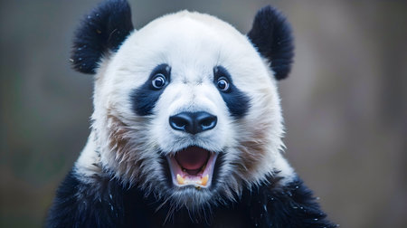Closeup portrait of a cute and fluffy giant panda bear with a surprised  amazed and impressed facial expression on a random studio backgroundの素材