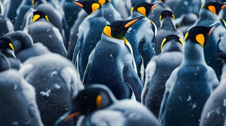 Flock of black and white penguins huddled together with one penguin standing out from the crowd showcasing its uniqueness individuality and the concept of difference within a group settingの素材