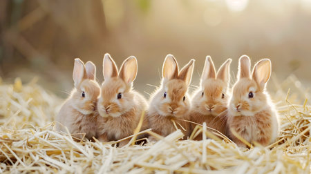 Five small fluffy baby rabbits sitting together on a bed of dry straw in a lush green natural environment  The adorable bunnies display a cozy gentle and innocent demeanor in this peacefulの素材