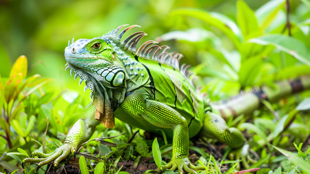 Stunning close up portrait of a vibrant green iguana perched amidst the lush verdant foliage of a tropical environment  The reptile s intricate scales and piercing eyes captivate the viewerの素材