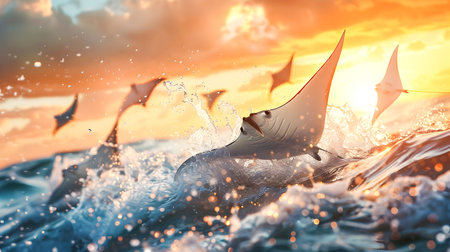 Mobula rays soaring elegantly above the glistening ocean waves silhouetted against a breathtaking sunset sky filled with vibrant hues of orange pink and goldの素材