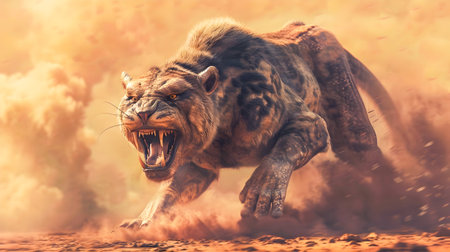 Powerful Smilodon Sabertooth Cat Charging Aggressively with Bared Fangs Across Dusty Savanna Landscape in Prehistoric Environmentの素材