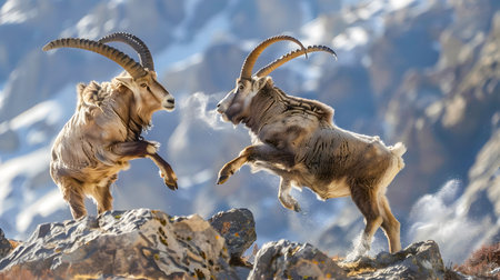 Two majestic male markhors a type of wild mountain goat engaged in a fierce fight locking their spiral horns on a snowy rocky mountain peakの素材
