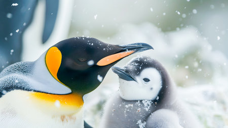 Adorable and fluffy emperor penguin chick standing amidst a snowy frozen landscape in the Arctic tundra  This young seabird is part of a colonyの素材