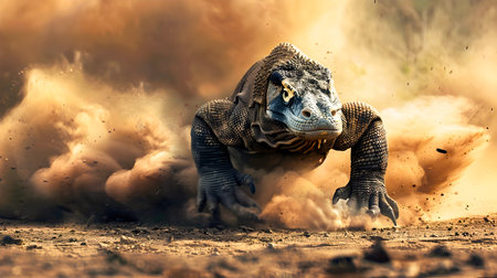 Powerful Komodo Dragon a Fearsome Predator Sprinting Across a Dusty Road with a Cloud of Smoke in the Backgroundの素材