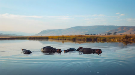 Group Of Hippos Relaxing And Floating In A Tranquil Lake In Africaの素材