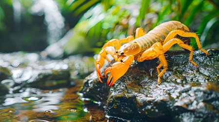 Fearsome Scorpion Prowling the Rainforest Undergrowth Captivating Macro Nature Photography Showcasing the Intricate Details and Fierce Beauty of This Venomous Arthropod in Its Natural Habitatの素材