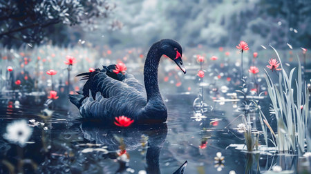 Majestic black swan gracefully gliding across a serene snow covered pond its reflection mirroring the dramatic moody atmosphere  A stunningの素材